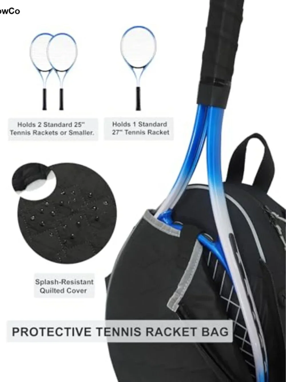 Tennis Backpack Holds 1-2 Rackets Quilted Nylon Polyester with USB Charging Port
